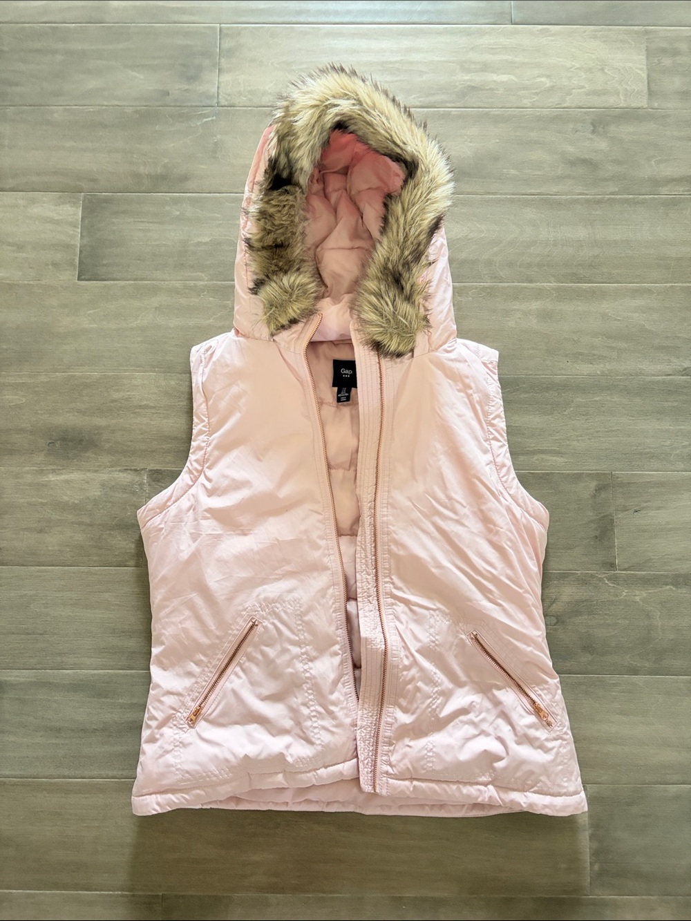 GAP Light Pink Puffer Vest with Faux-Fur Trim Hood